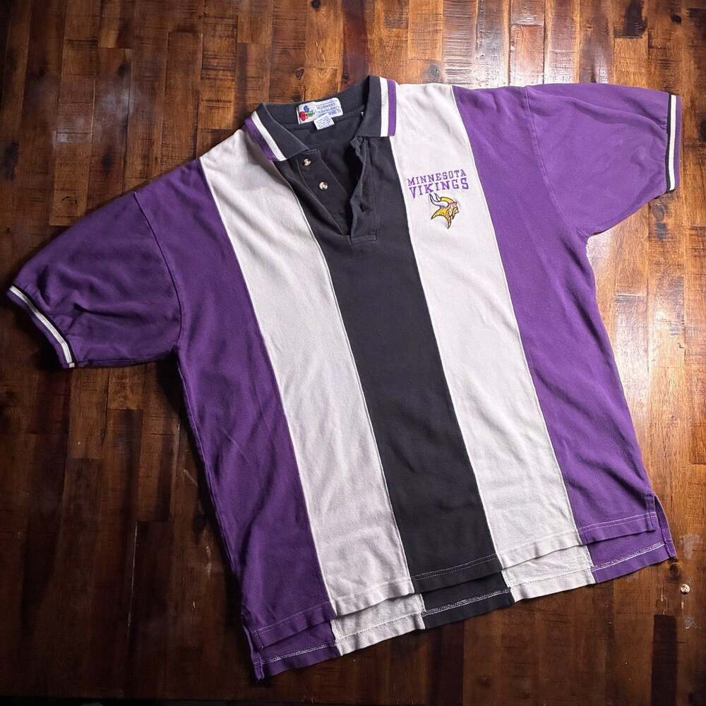 Vintage Minnesota Vikings Rugby Polo Shirt L NFL Colorblock Stripes